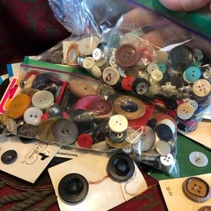 Vtg large sewing lot, leather patches, buttons, ++